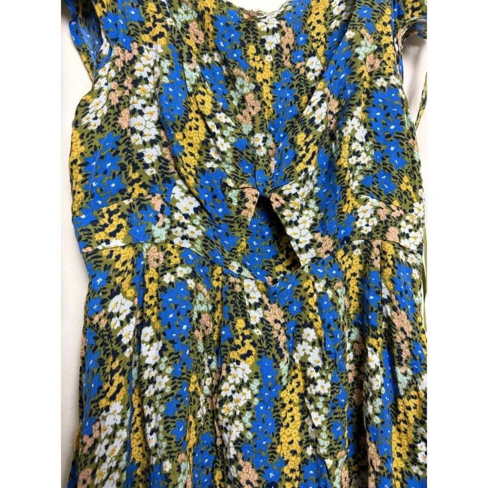 Free People Floral Mini Dress Blue Yellow Cutout Tie Shoulder Womens Size Medium
